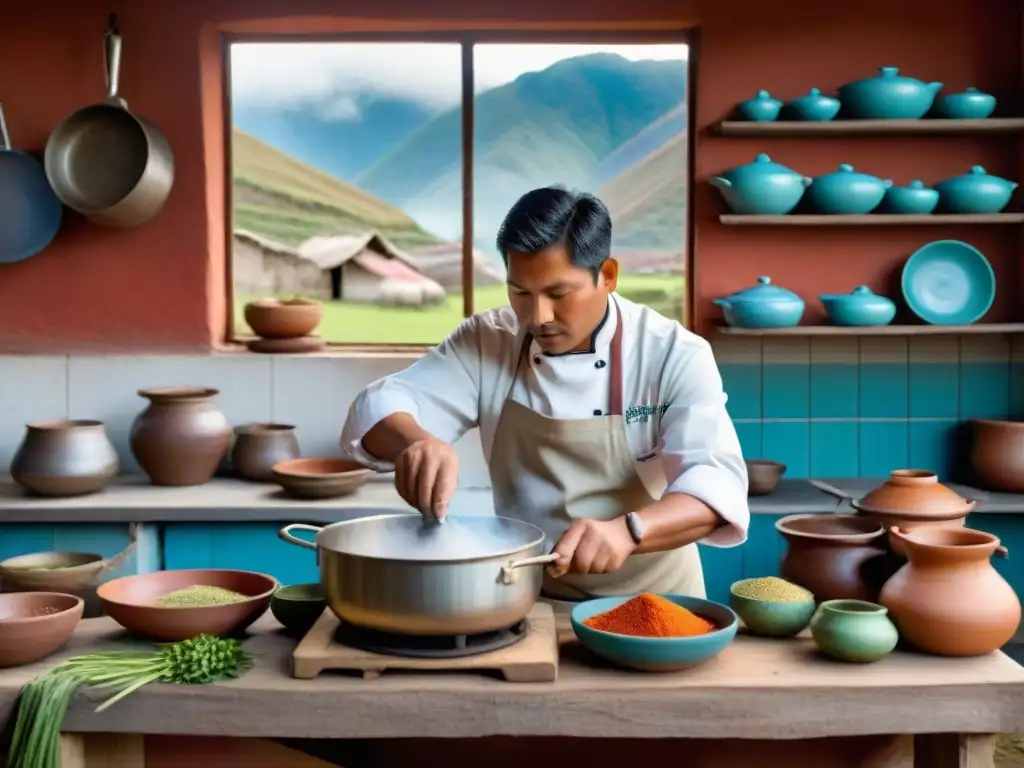 Chef peruano preparando Picante de Cuy en cocina andina, historia del picante de cuy