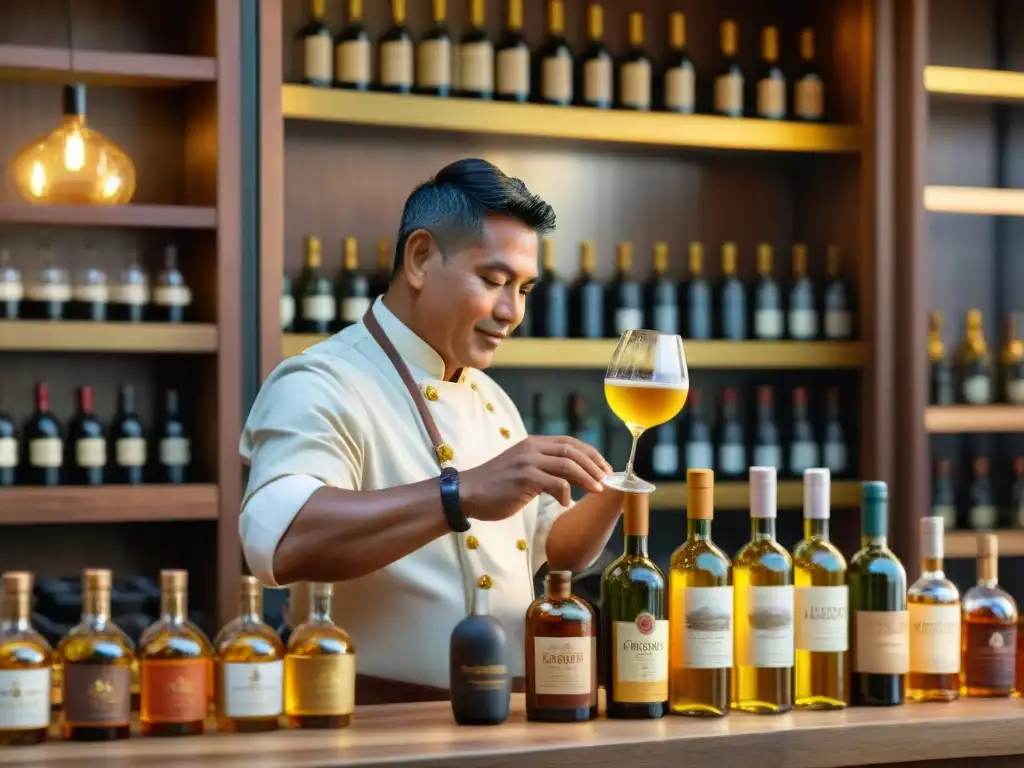 Un chef peruano vierte Pisco ámbar en un vaso, resaltando los vinos y Piscos peruanos recetas