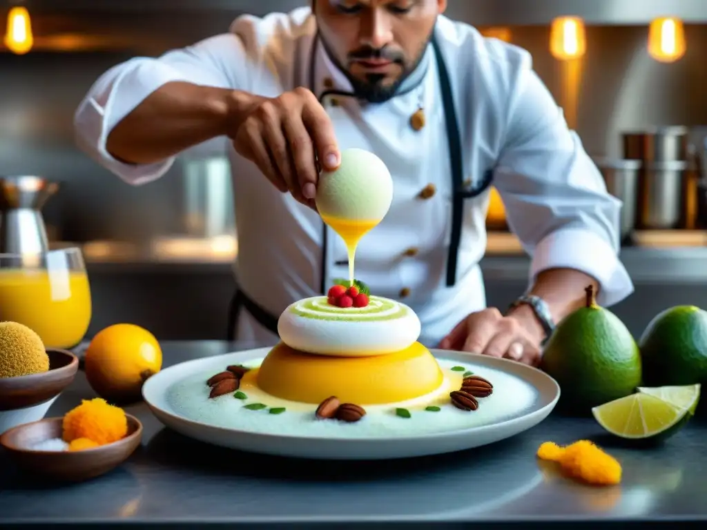 Un chef peruano reinventa el pisco sour en un postre, creando capas de sabores vibrantes en una cocina contemporánea