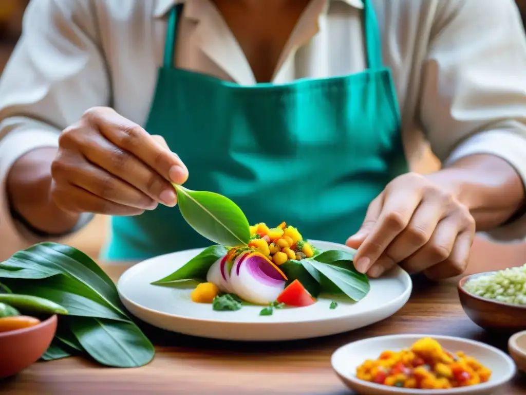 Un chef peruano incorpora la Planta medicinal Uña de Gato en un ceviche vibrante y colorido en una cocina tradicional