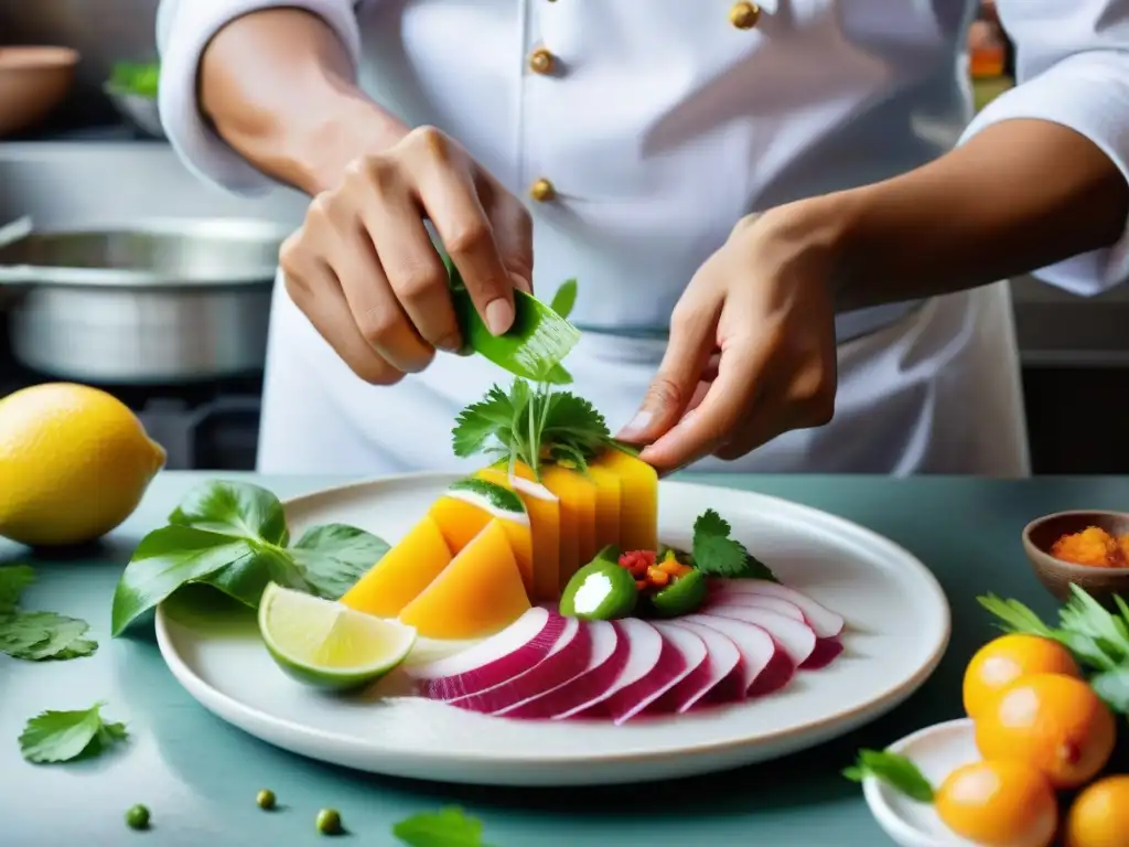 Un chef peruano prepara un plateado y colorido tiradito