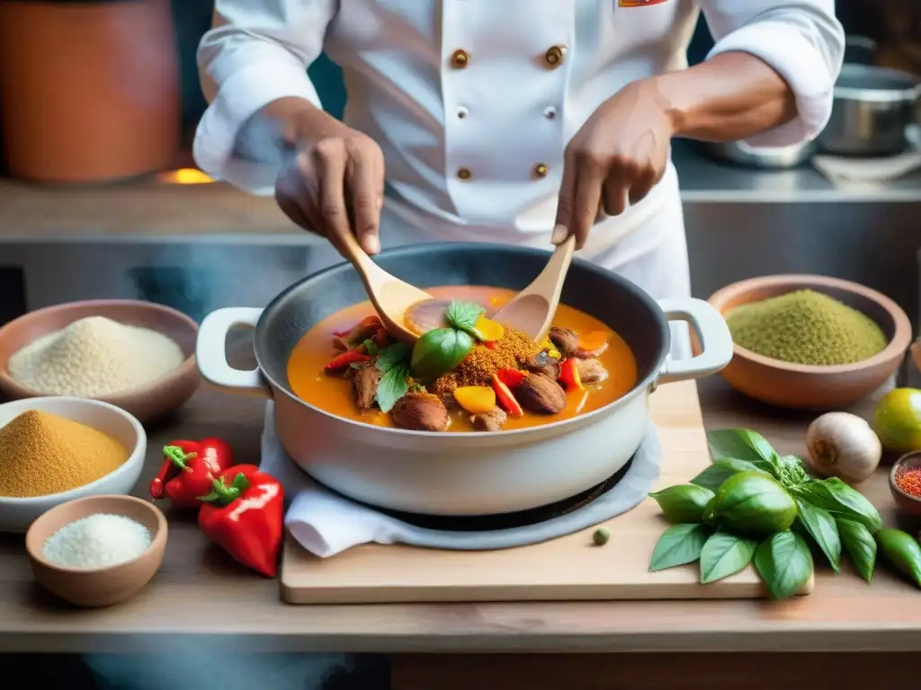 Un chef peruano preparando un platillo afroperuano en una cocina bulliciosa, mostrando la influencia africana en gastronomía peruana