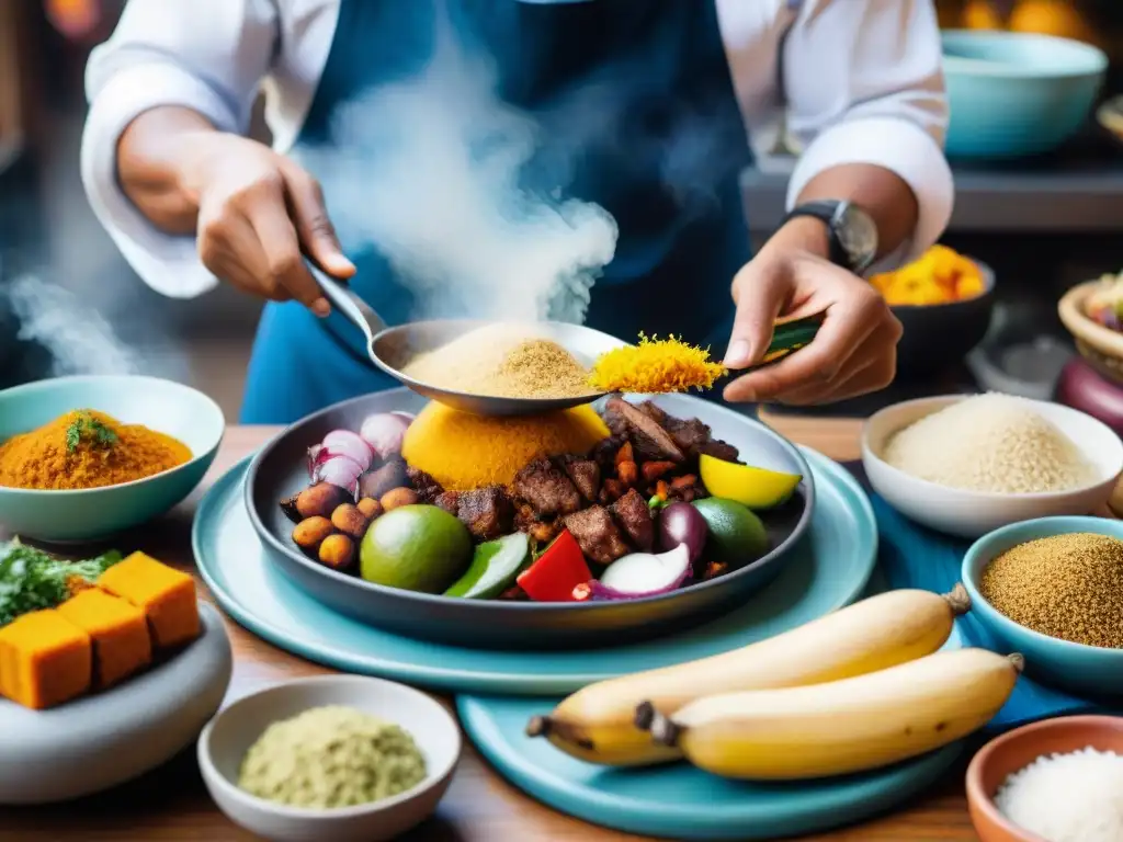 Un chef peruano preparando un platillo afroperuano rodeado de ingredientes vibrantes