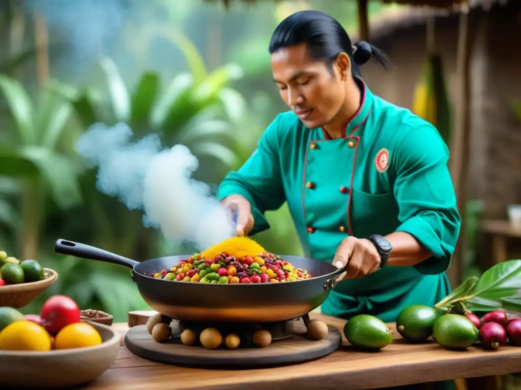 Un chef peruano prepara con maestría un platillo amazónico rodeado de ingredientes exóticos