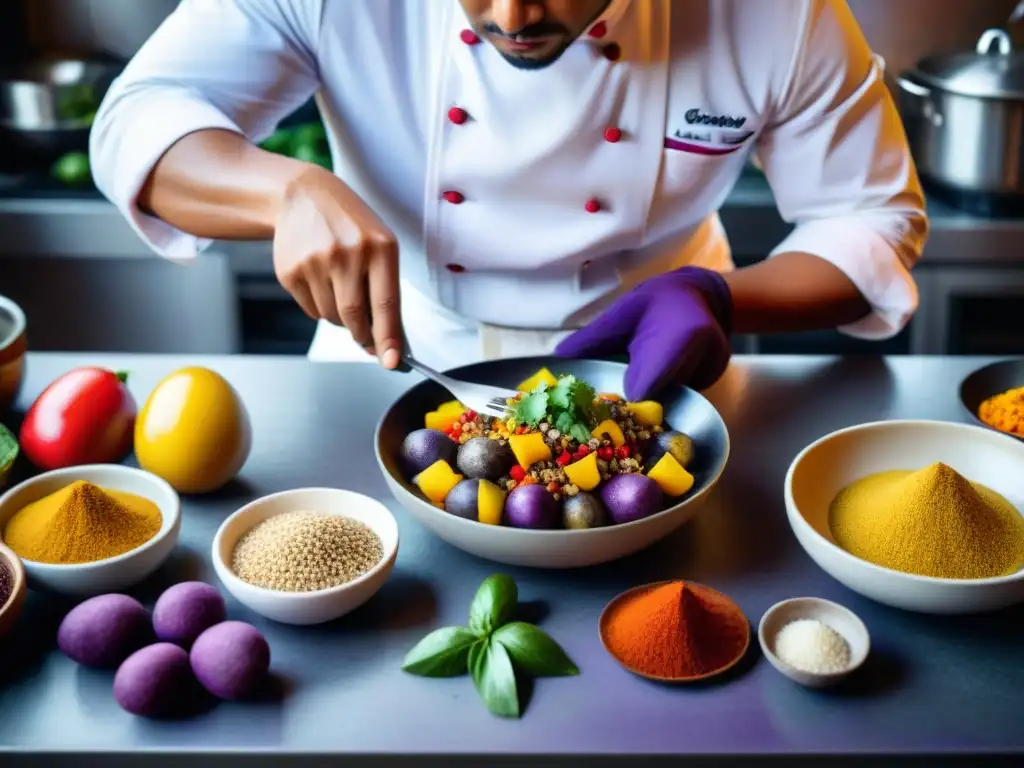 Un chef peruano preparando con pasión platillo autóctono rodeado de ingredientes vibrantes y utensilios de cocina