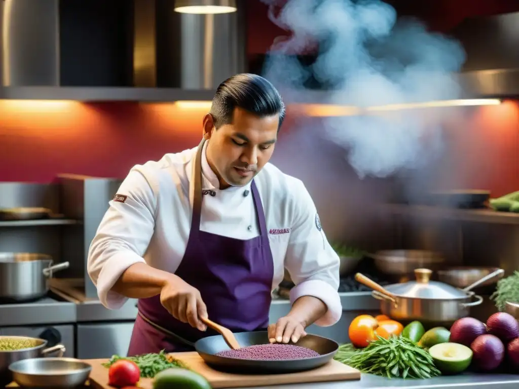 Un chef peruano prepara un platillo con pasión en una cocina bulliciosa, rodeado de productos locales vibrantes