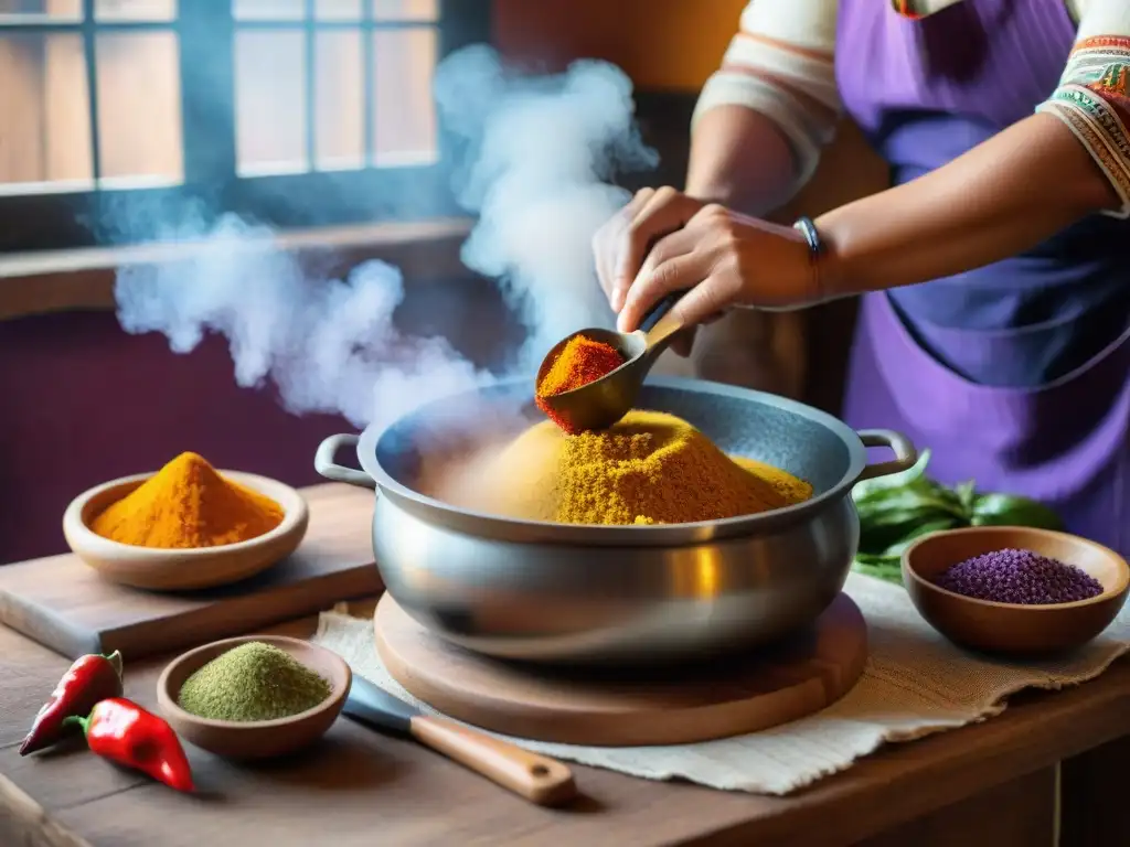 Un chef peruano prepara un platillo criollo en una cocina tradicional, rodeado de ingredientes coloridos