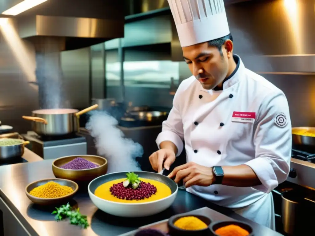 Chef peruano preparando platillo con ingredientes peruanos en restaurante de Lima