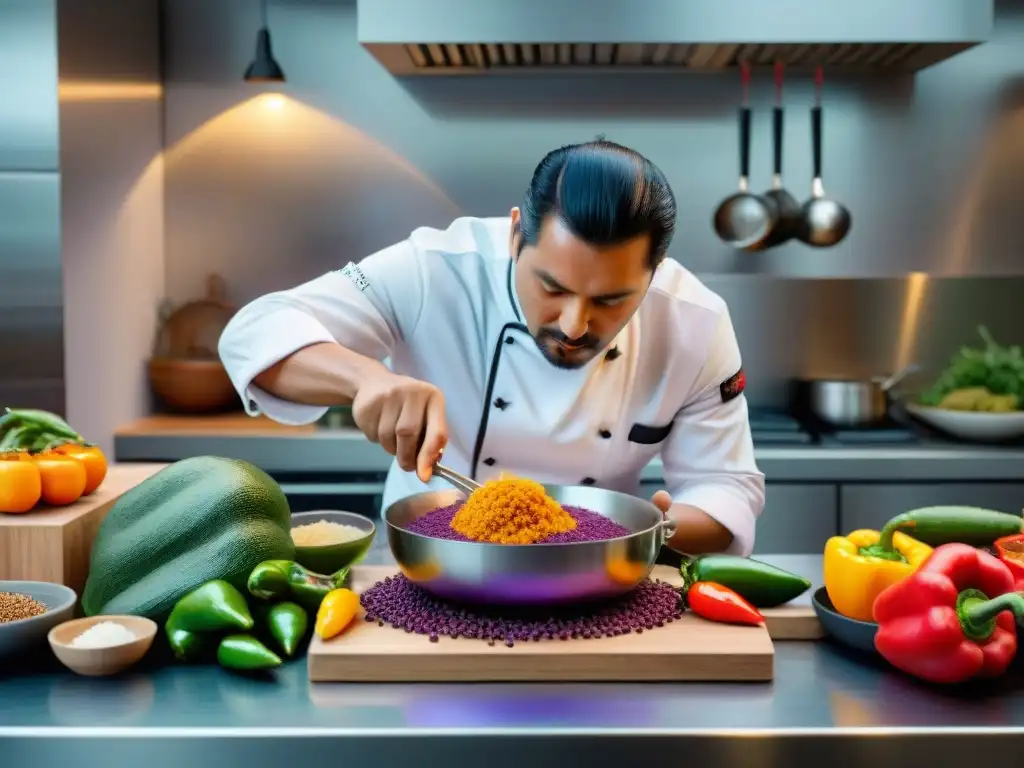 Un chef peruano prepara un platillo con ingredientes autóctonos en una cocina moderna, destacando la fusión de tradición y tecnología