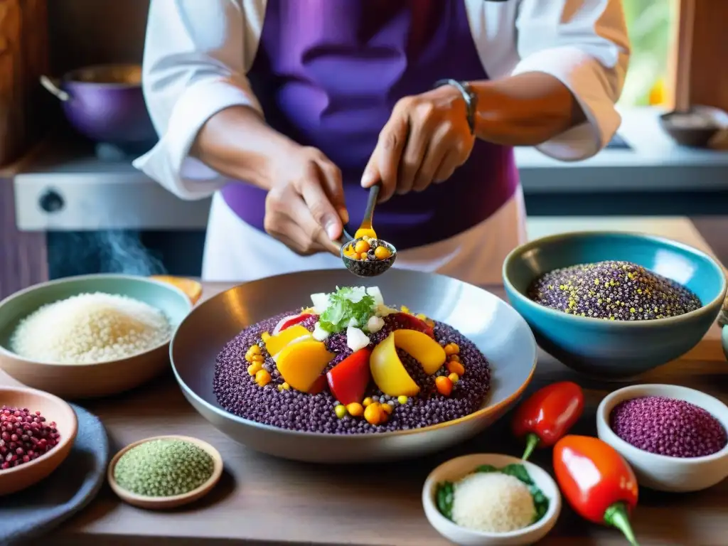 Un chef peruano preparando un platillo con ingredientes autóctonos