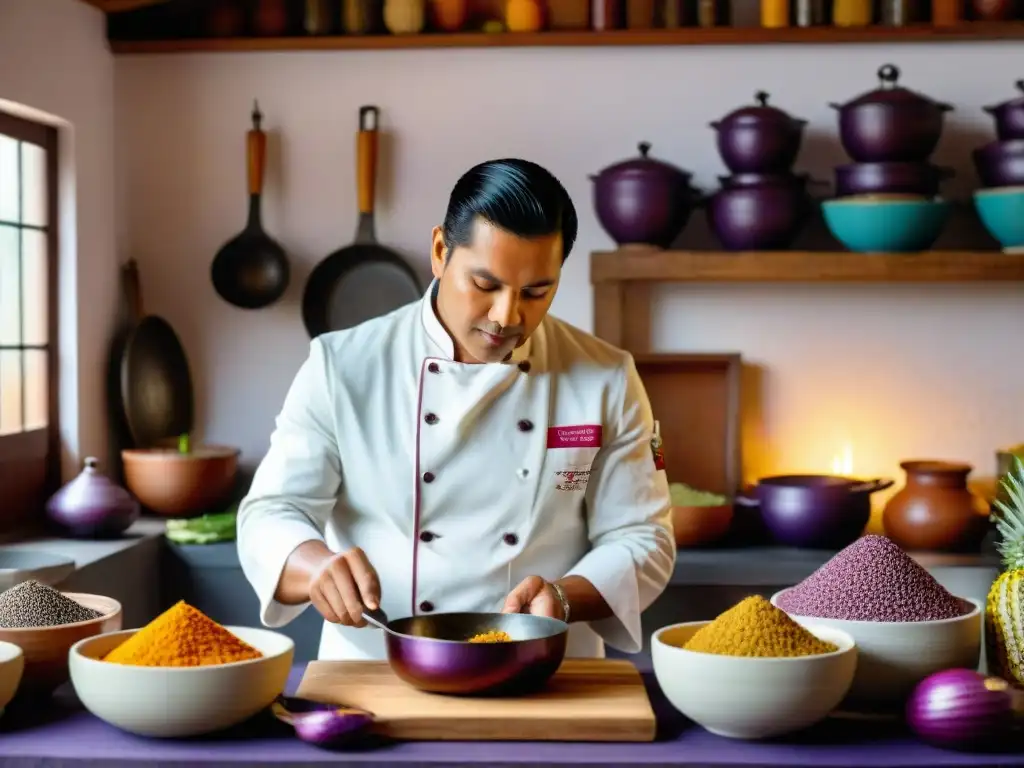 Chef peruano preparando platillo con ingredientes endémicos de la gastronomía peruana en cocina rústica