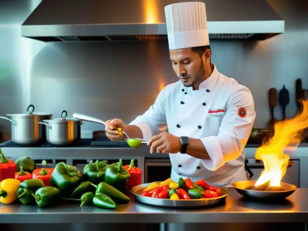 Un chef peruano flambeando un platillo con Pisco en una cocina moderna