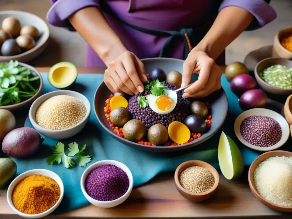 Un chef peruano prepara un platillo precolombino rodeado de ingredientes autóctonos