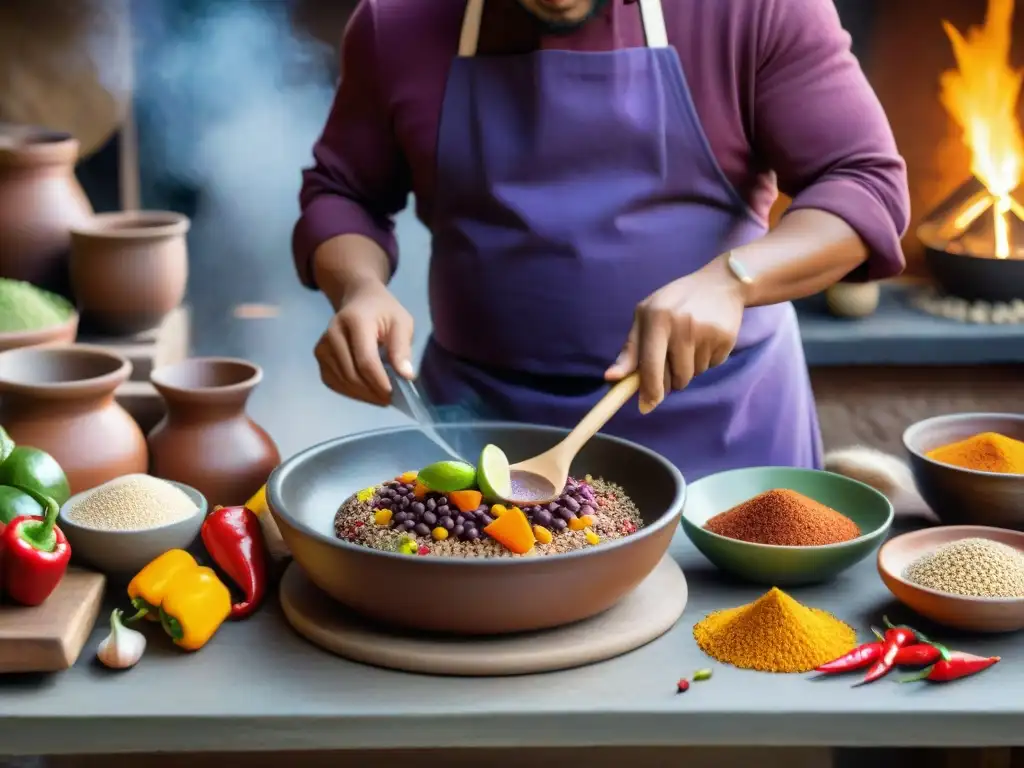 Un chef peruano prepara un platillo de quinua en una cocina tradicional con ingredientes coloridos