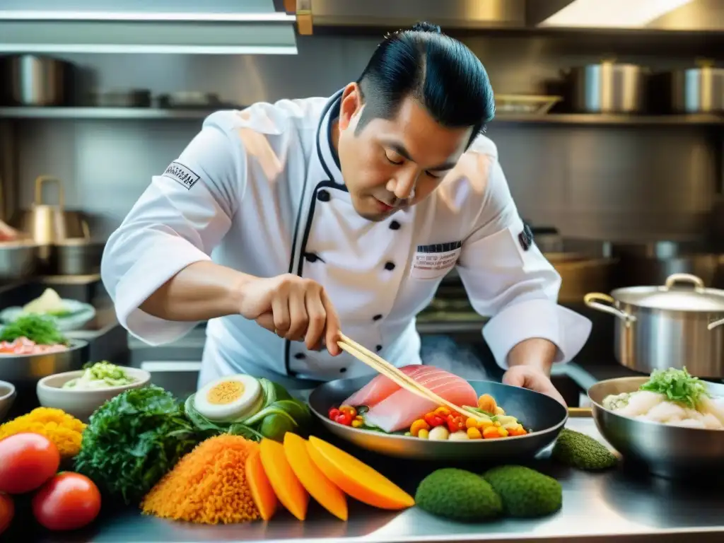 Un chef peruano preparando un platillo Nikkei, fusionando técnicas japonesas con sabores peruanos