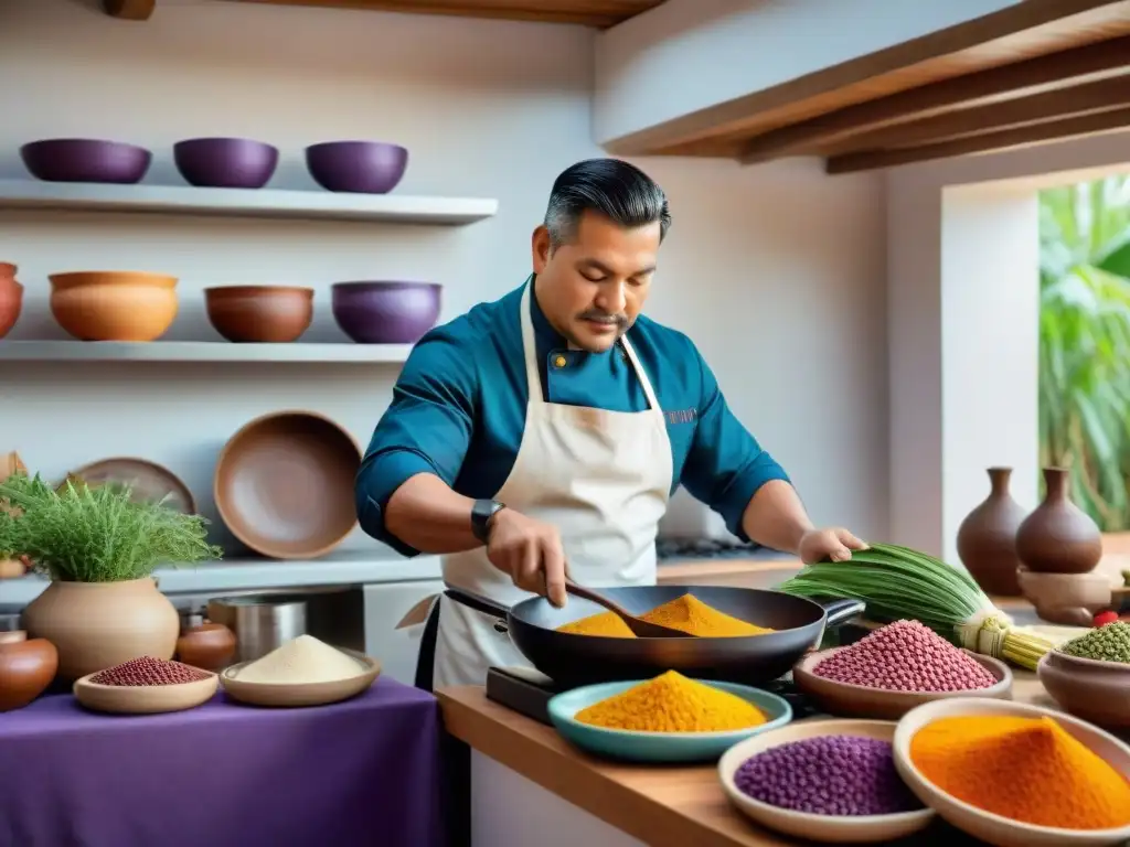 Un chef peruano preparando un platillo tradicional rodeado de ingredientes autóctonos