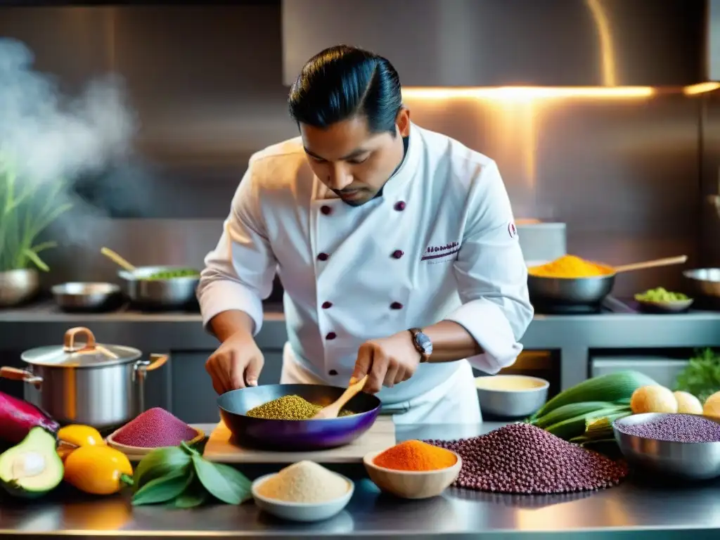 Un chef peruano preparando un platillo tradicional con ingredientes autóctonos en una cocina vibrante