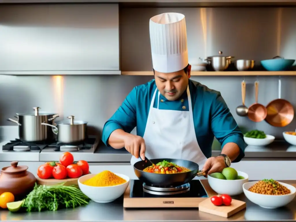 Chef peruano preparando platillo tradicional con equipamiento cocina antiadherente en cocina moderna