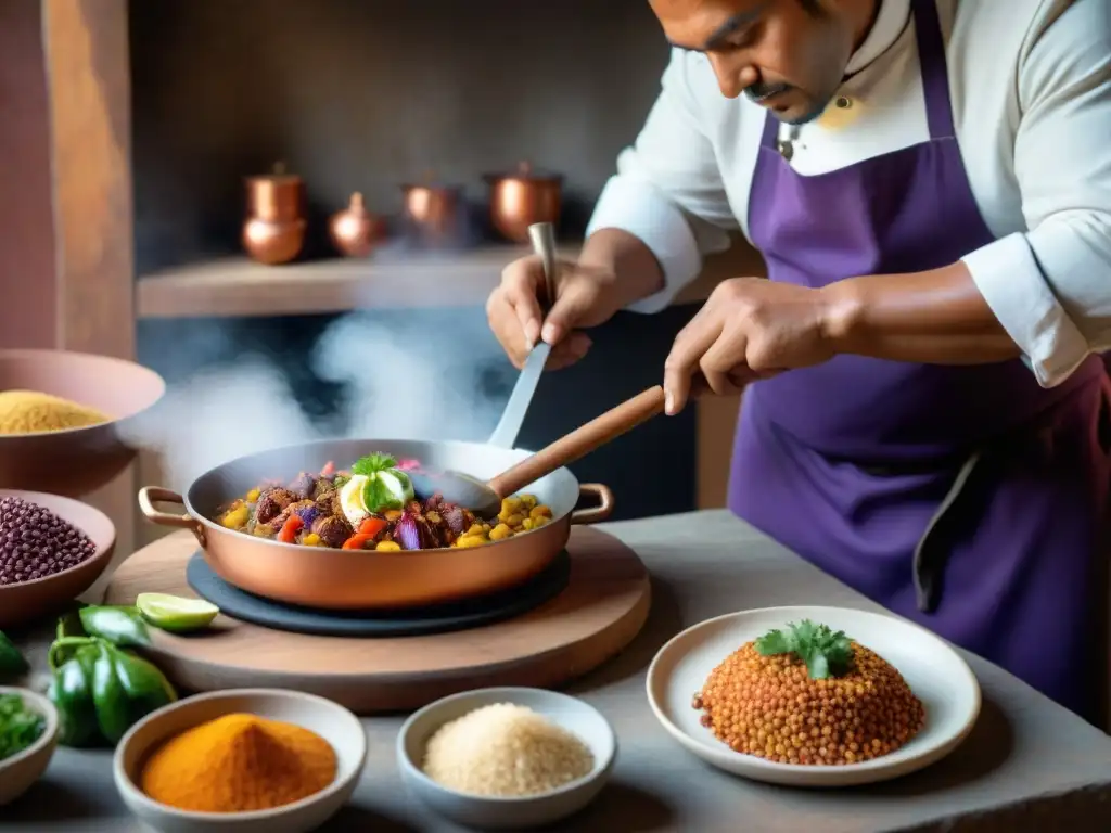 Un chef peruano prepara un platillo tradicional en una cocina rústica con ollas de cobre, resaltando los beneficios en la cocina peruana