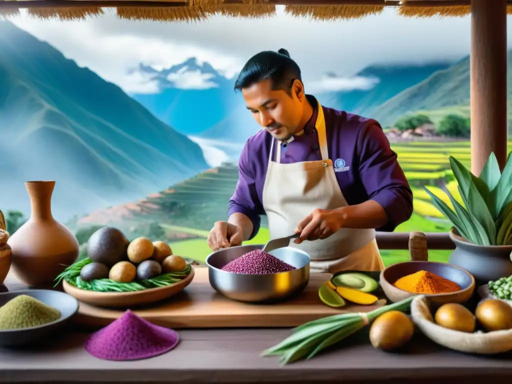 Chef peruano preparando platillo tradicional con ingredientes autóctonos en la Sierra Peruana