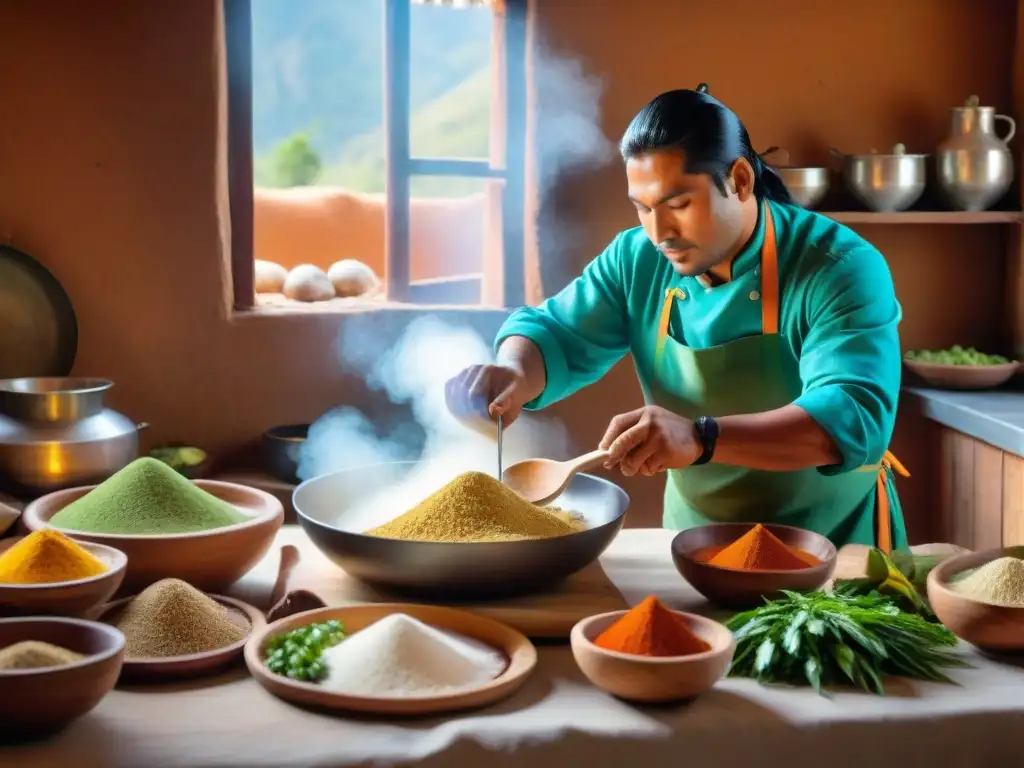 Chef peruano preparando plato con algarrobo en cocina rústica de los Andes