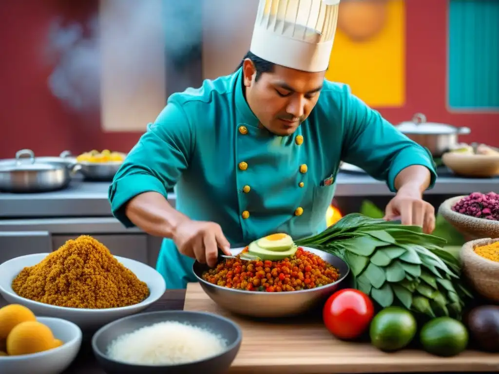 Chef peruano preparando plato amazónico con ingredientes autóctonos en cocina colorida y vibrante