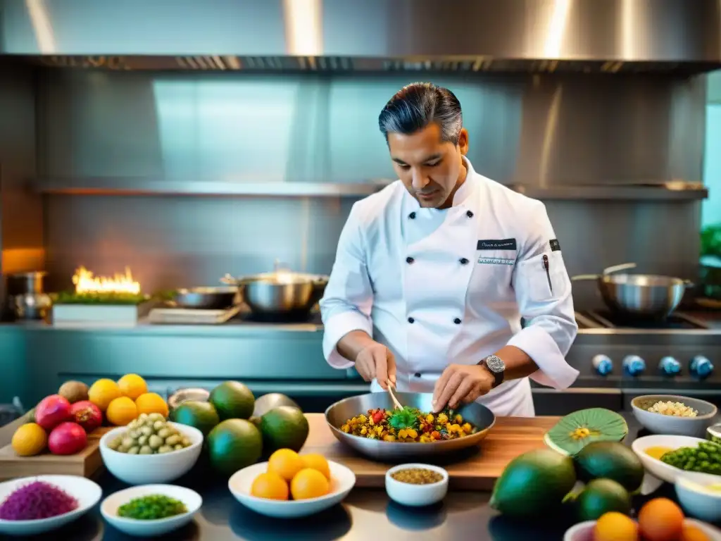 Chef peruano preparando plato amazónico con ingredientes autóctonos