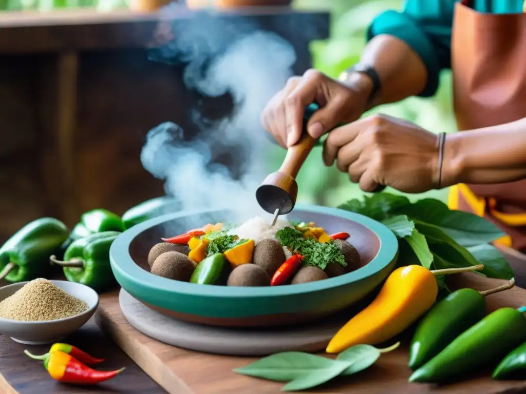 Un chef peruano prepara plato amazónico con plantain, cocona y ajíes en cocina rústica