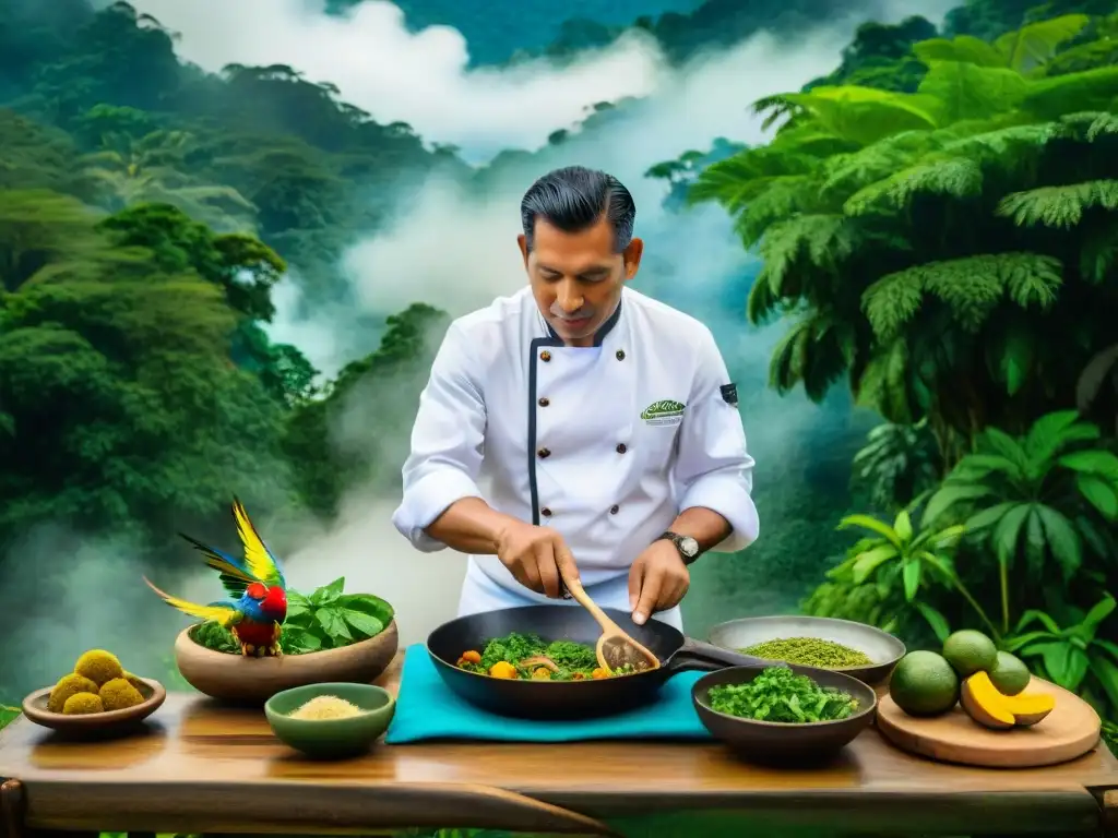 Un chef peruano prepara plato amazónico rodeado de flora y fauna, en el Festival Gastronomía Amazónica Perú