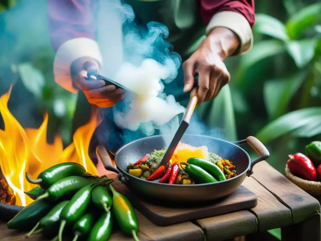 Chef peruano preparando plato amazónico con plantains, yuca y aji peppers en cocina rústica rodeada de selva exuberante