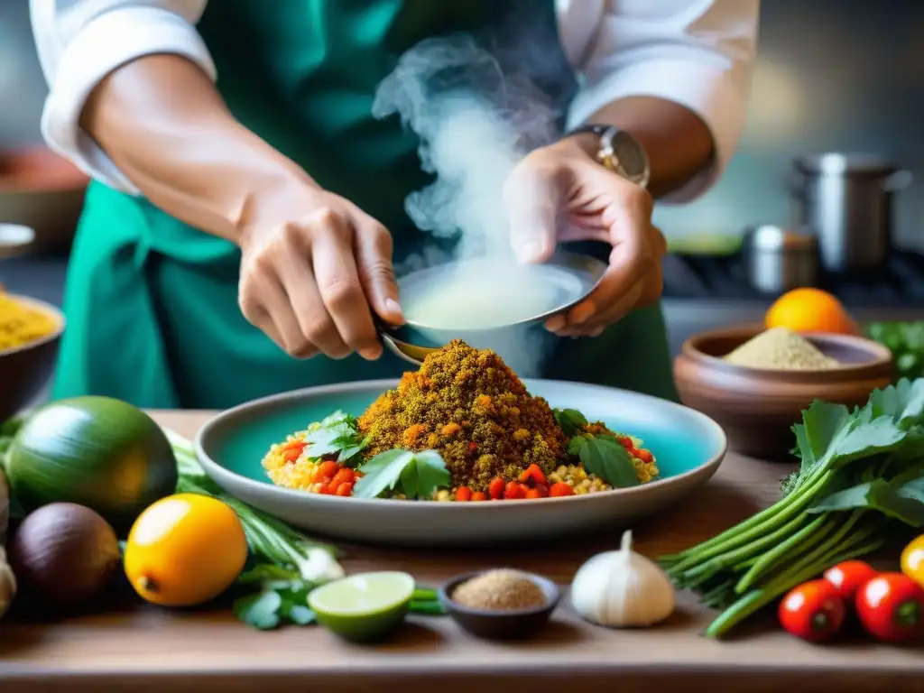 Un chef peruano preparando un plato amazónico con Ají Charapita, resaltando la importancia del ají en la cocina peruana