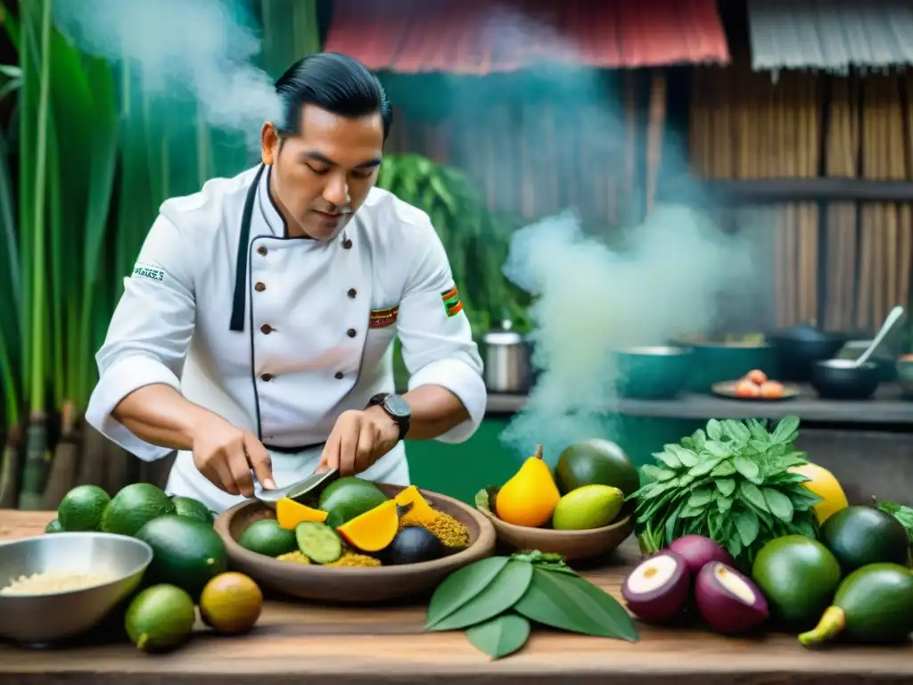 Chef peruano preparando plato amazónico con influencias indígenas en cocina peruana