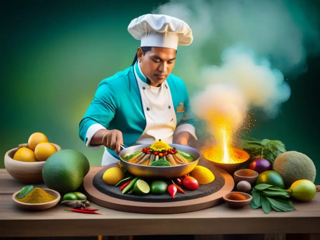 Chef peruano preparando plato amazónico: detalle y color Un chef peruano preparando un plato amazónico rodeado de ingredientes vibrantes