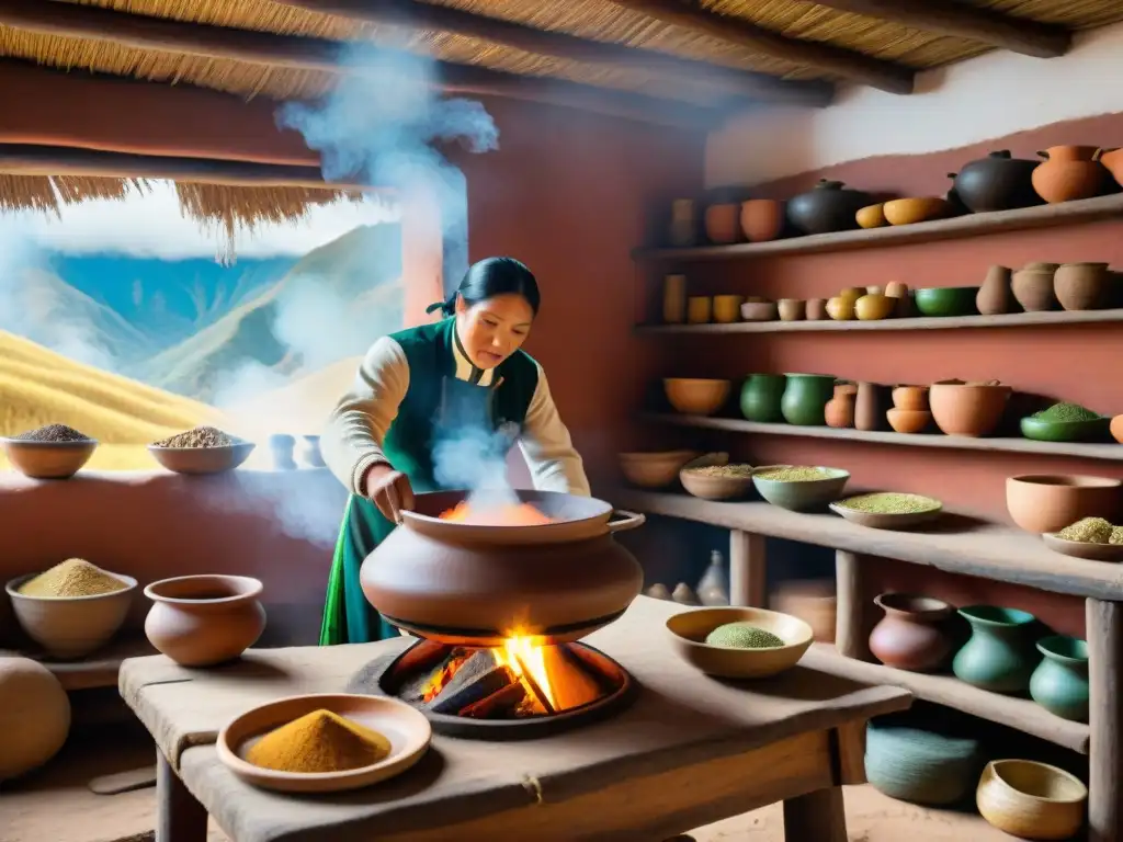 Un chef peruano preparando plato ancestral en cocina tradicional, resaltando historia y cultura peruana