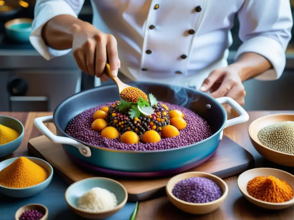 Chef peruano preparando plato ancestral con ingredientes vibrantes