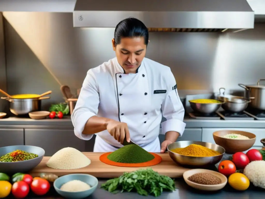 Un chef peruano prepara plato andino moderno en cocina con ingredientes autóctonos