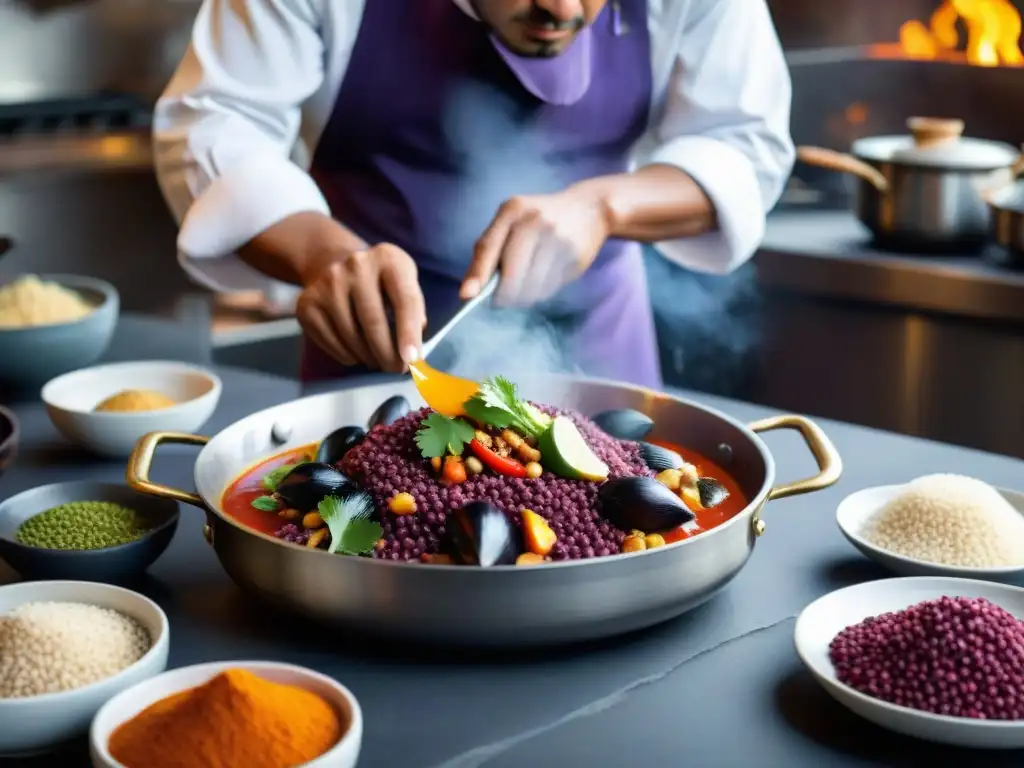 Chef peruano preparando plato andino rodeado de ingredientes vibrantes como maíz morado, quinua y ajíes, en una cocina bulliciosa