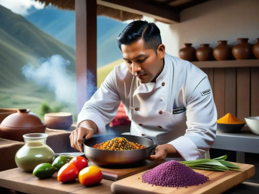 Un chef peruano prepara un plato andino con ingredientes autóctonos en una cocina rústica en los Andes