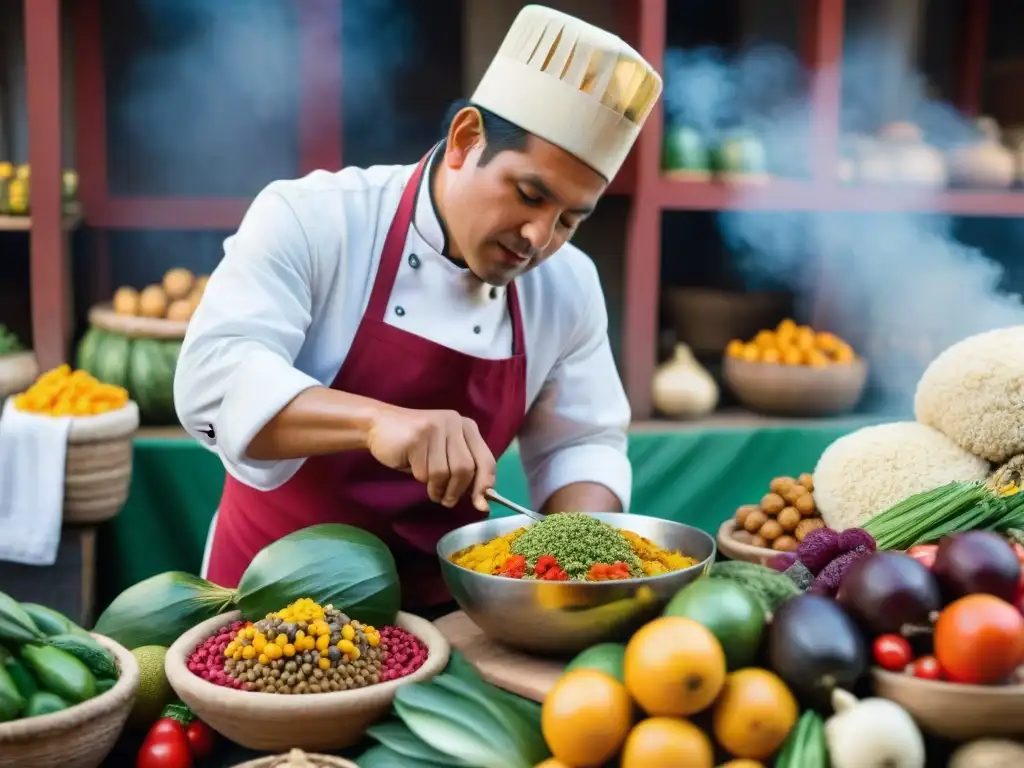 Un chef peruano prepara plato andino rodeado de mercado colorido