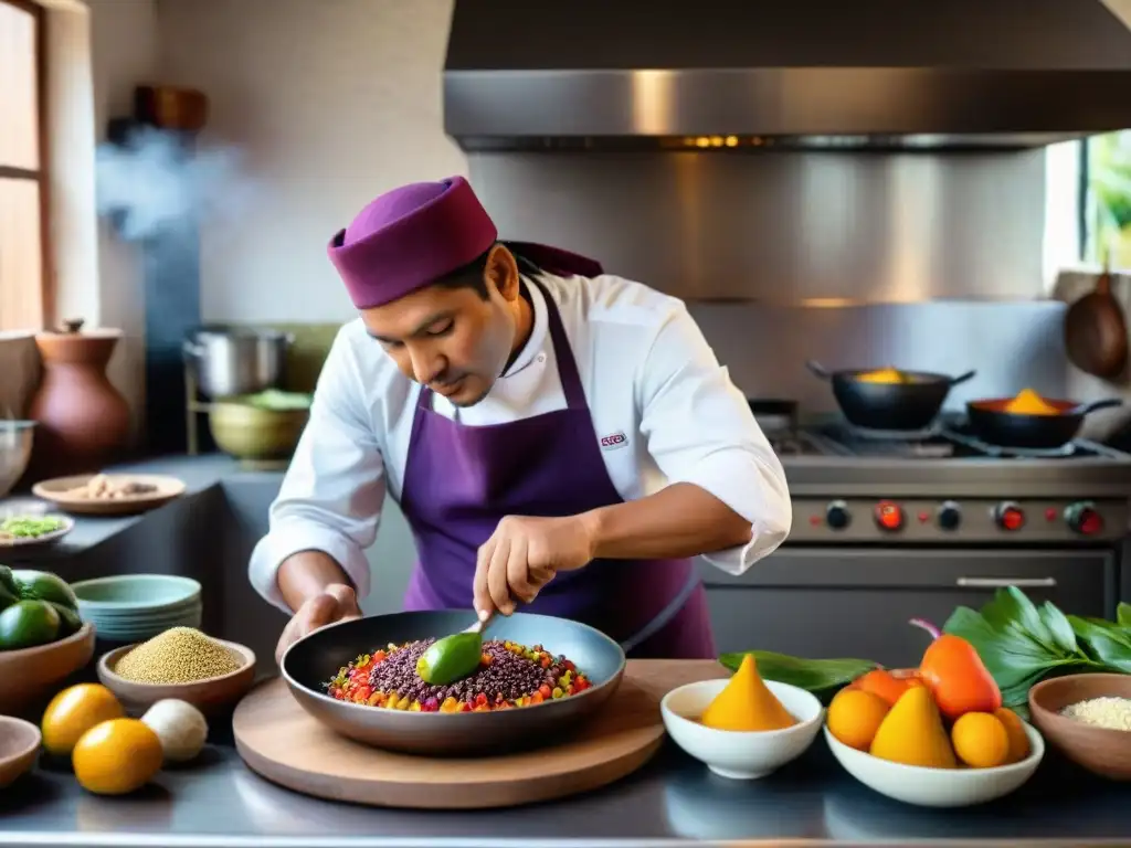 Un chef peruano preparando un plato andino con ingredientes autóctonos