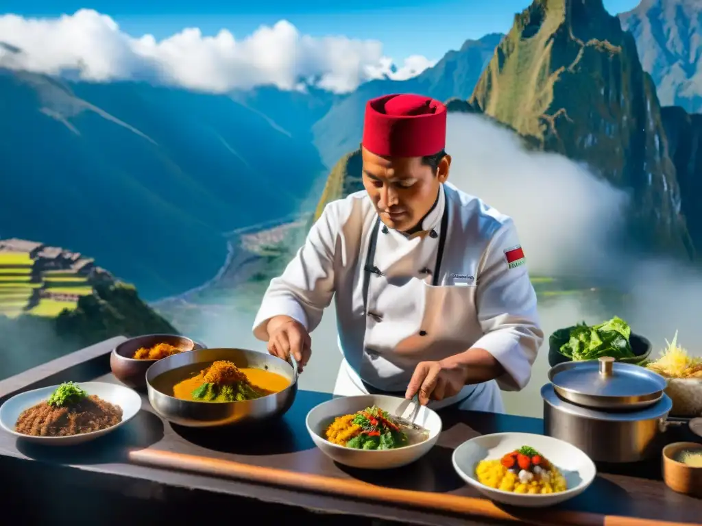 Un chef peruano preparando plato andino en restaurante de alta montaña, fusionando tradición y modernidad