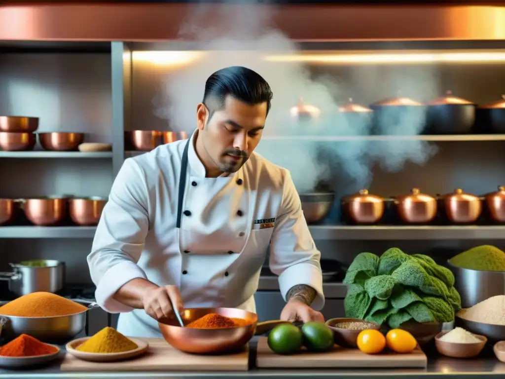 Un chef peruano moderniza plato arequipeño en bulliciosa cocina llena de ingredientes, fusionando tradición con innovación