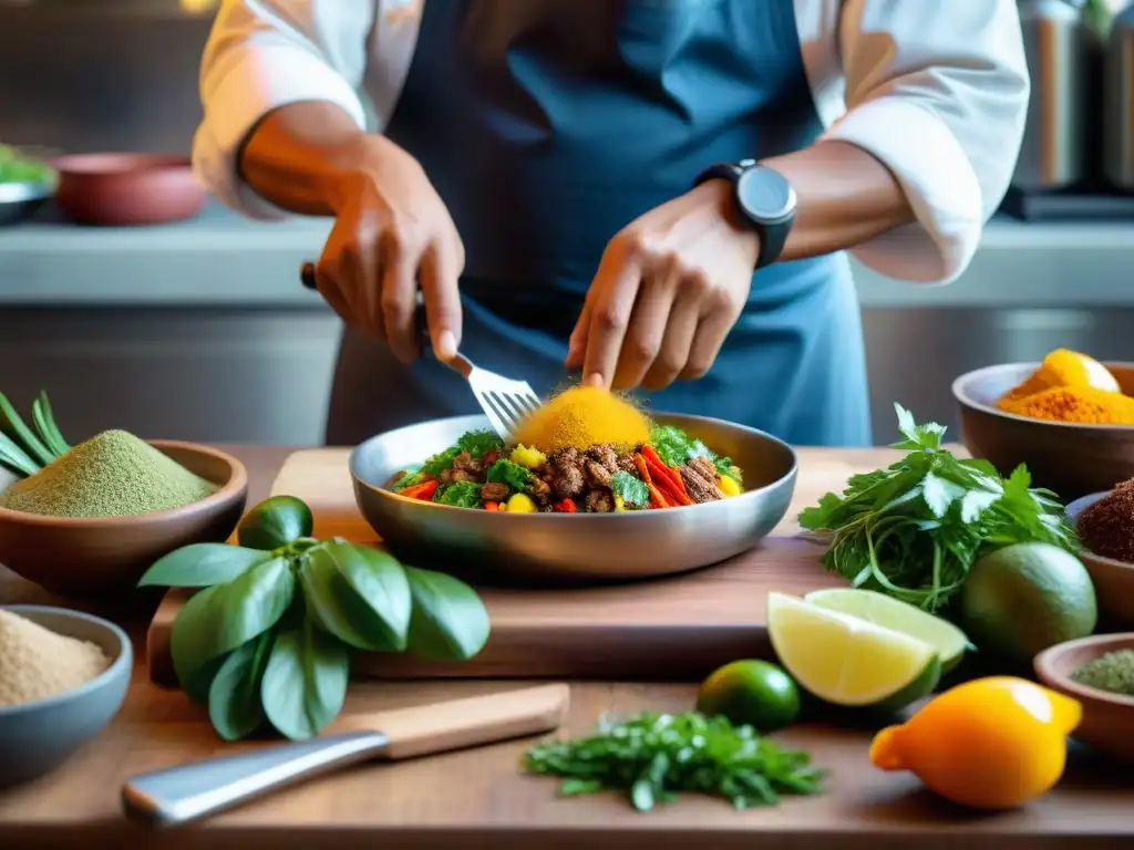 Un chef peruano preparando plato con aromática hierba luisa, rodeado de ingredientes frescos en una cocina bulliciosa