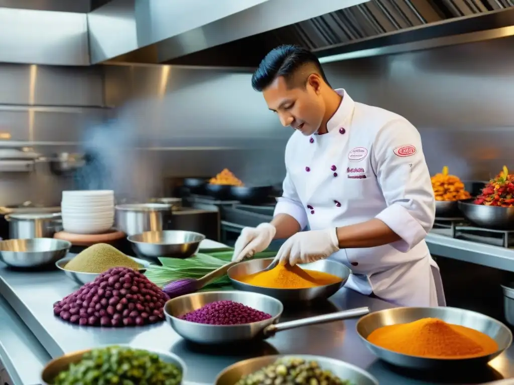 Un chef peruano prepara plato autóctono en cocina bulliciosa, fusionando ingredientes coloridos