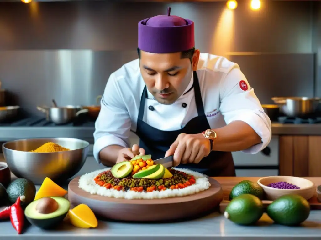 Un chef peruano preparando plato autóctono rodeado de ingredientes vibrantes en Festival Internacional Cocinas Peruanas Autóctonas