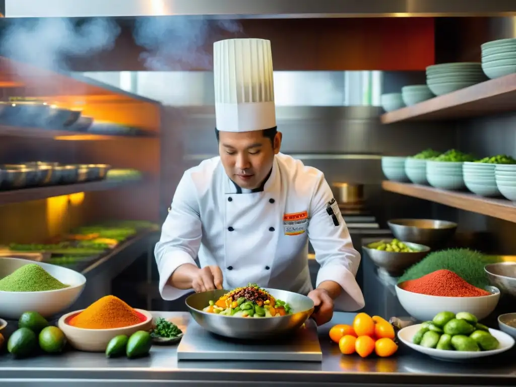 Un chef peruano preparando un plato Nikkei en una bulliciosa cocina de Lima