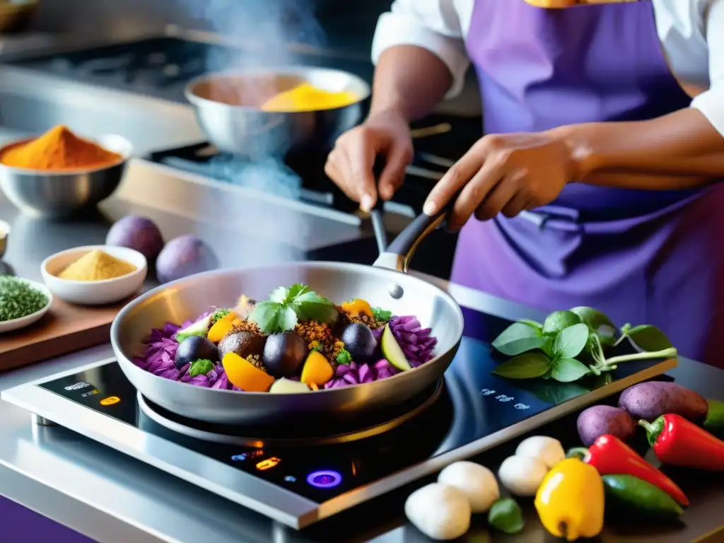 Un chef peruano prepara un plato con cocina peruana con inducción magnética, rodeado de ingredientes frescos y los Andes de fondo