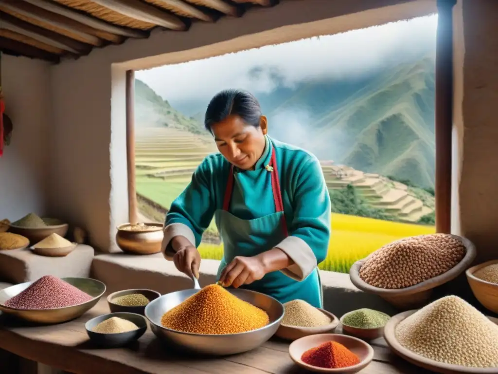 Un chef peruano preparando plato con quinoa en cocina andina