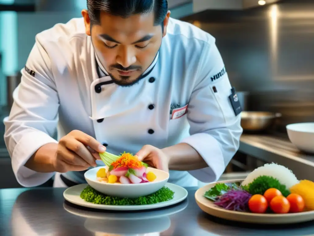 Un chef peruano prepara un plato Nikkei en una cocina moderna, fusionando técnicas japonesas y peruanas