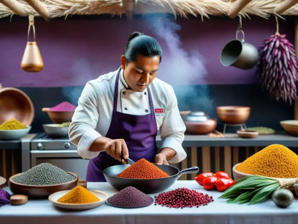 Un chef peruano preparando plato con maestría en una cocina tradicional rodeado de ingredientes coloridos